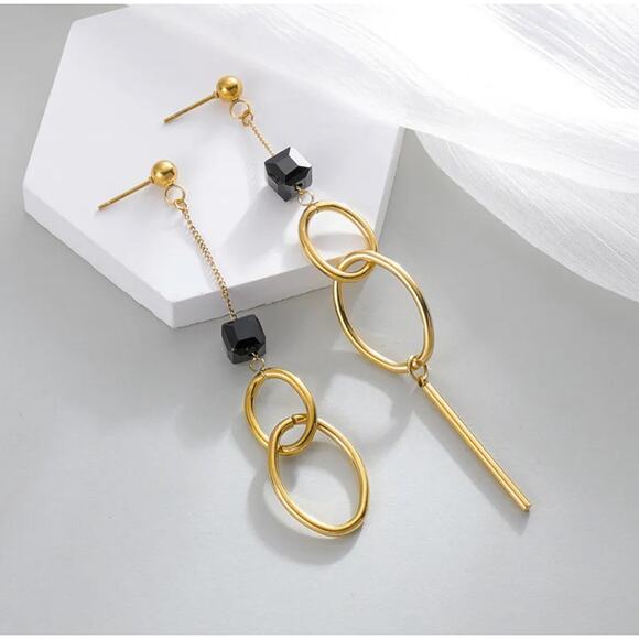 Geometric Drop Earrings 14K Gold Plated Onyx Crystal Asymmetrical Retro Urban - Picture 1 of 6